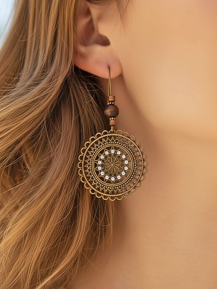 Női ötvözetből és fából készült kerek fülbevalók, vintage bohém mandala dizájn, könnyed, mutatós stílus, tökéletesek hétköznapi viseletre, tengerparti nyaraláshoz és nyári szettekhez 2026 - $7.99 –P2