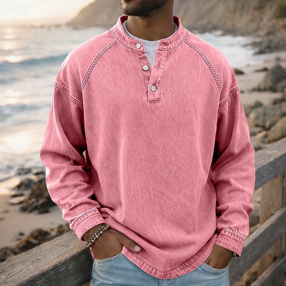 SoftFade™ Camiseta para Hombre Henley 100% Algodón Camisa Lavado Ácido T Shirt Tee de Manga Larga Color Sólido Sencillo Vintage Streetwear Casual Prenda Teñida Sencilla Lavada Cuello Alto Henley 2026 - $31.99 –P4