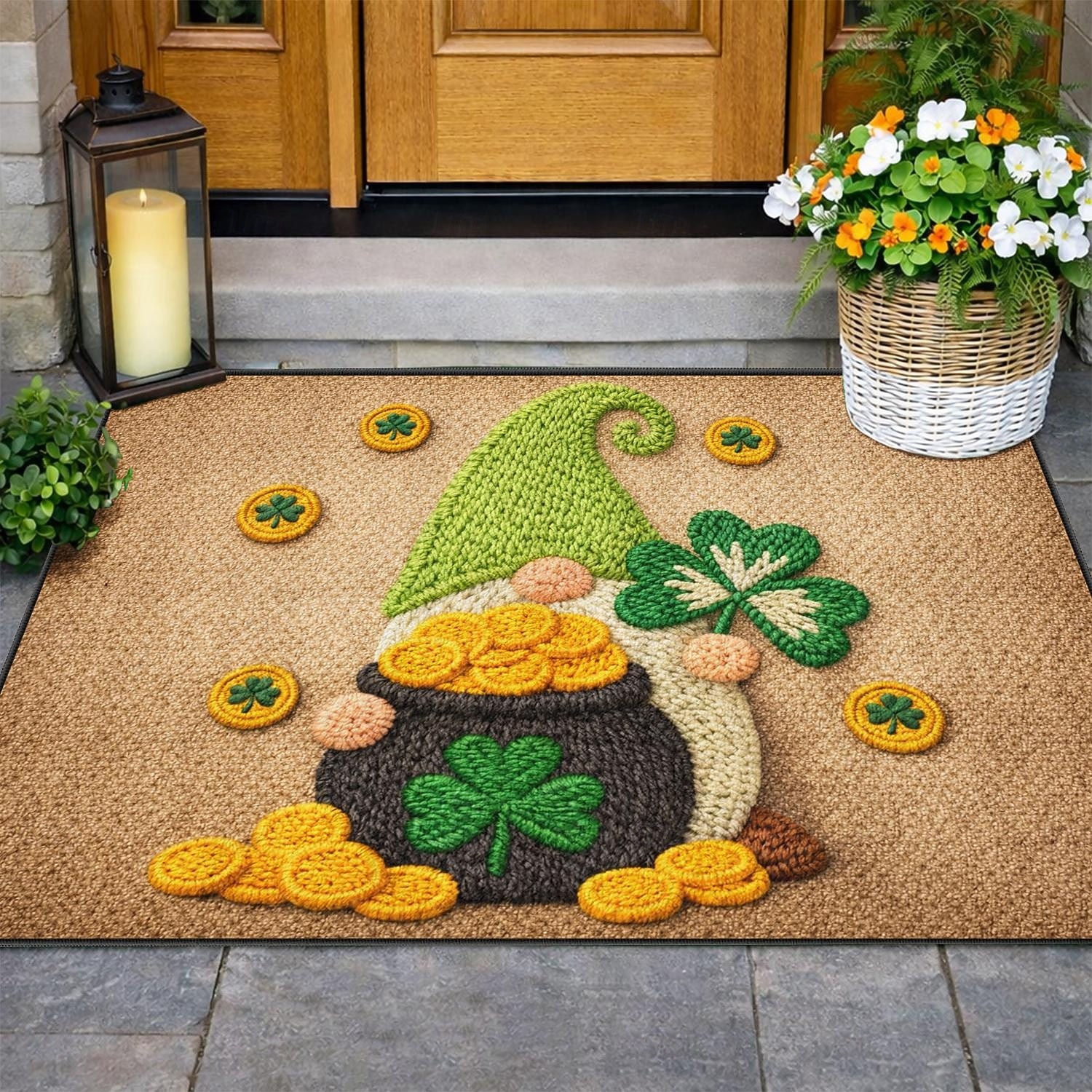 St Patrick's Day Doormat 2D Flat Print Design Featuring Gnome with Pot of Gold and Shamrocks on Sparkling Green Background 2026 - $10.49 –P4