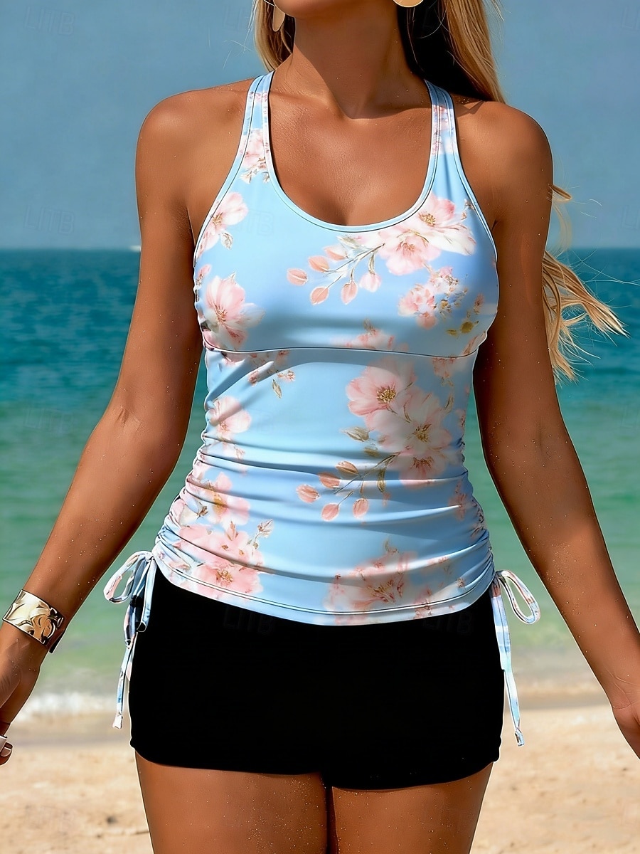 Dame Badetøy Tankini 2 stk Høy Midje Badedrakt Midjekontroll Høy Midje Tynn Åpen rygg Ferie Strand Klær Blomstret U-hals Ermeløs Badedrakter 2026 - $21.99 –P3