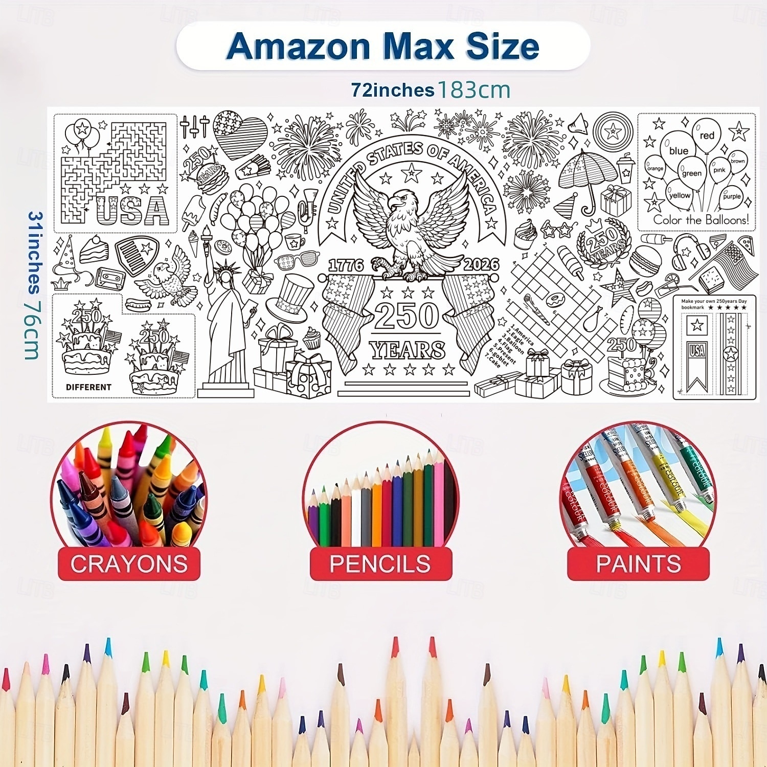 Раскраска к 250-летию США, размер 31*72 дюйма, тематическая раскраска к 250-летию для класса, дня рождения, вечеринки в честь Дня независимости Америки, универсальное использование в качестве настенного декора или скатерти. 2026 - $9.99 –P7