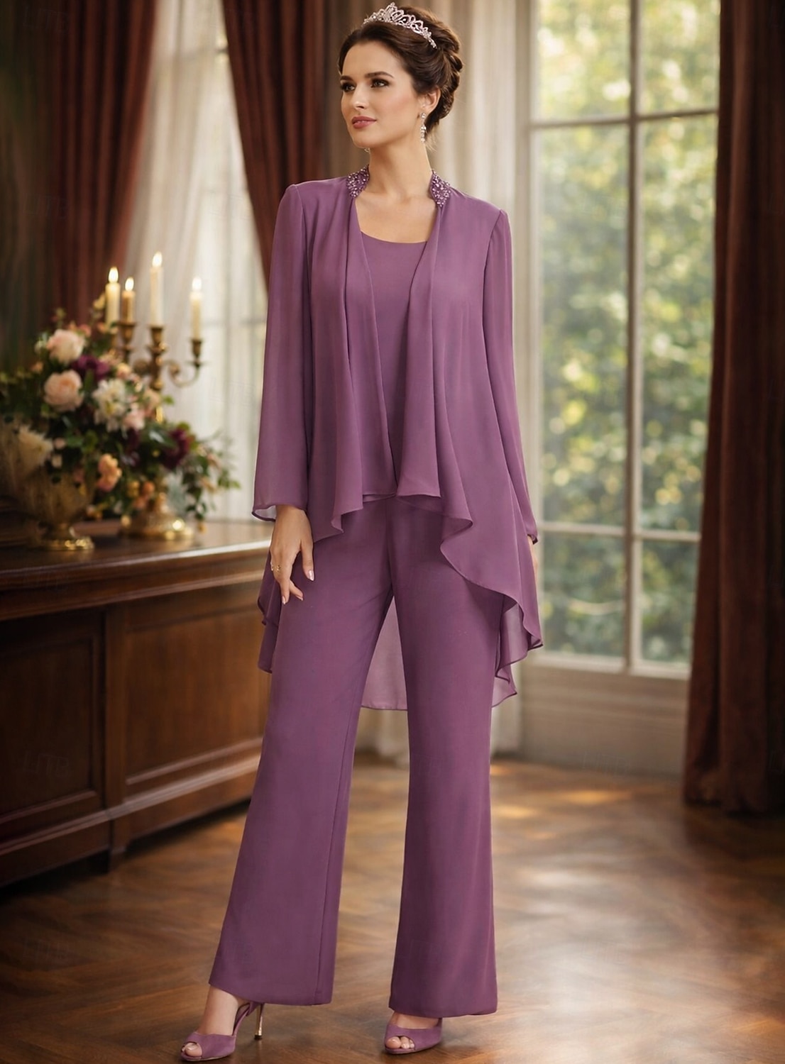 Pantsuit Floor Length Mother of the Bride Dress Long Sleeve Jewel Neck Elegant Simple Wedding Guest Formal Evening Wedding Party Chiffon with Solid Color 2026 - E£8341.54 –P1
