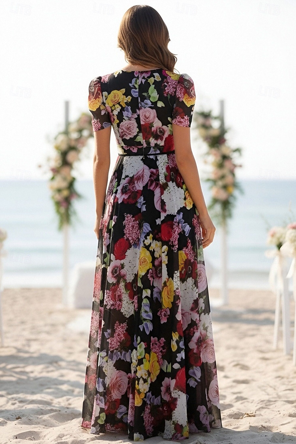 Linea ad A Lunghezza al pavimento Abito da cerimonia per signora Manica Corta Scollo a V Elegante Formale Ospite di nozze Chiffon con Blocco di Colore del 2026 a $195.99 –P2