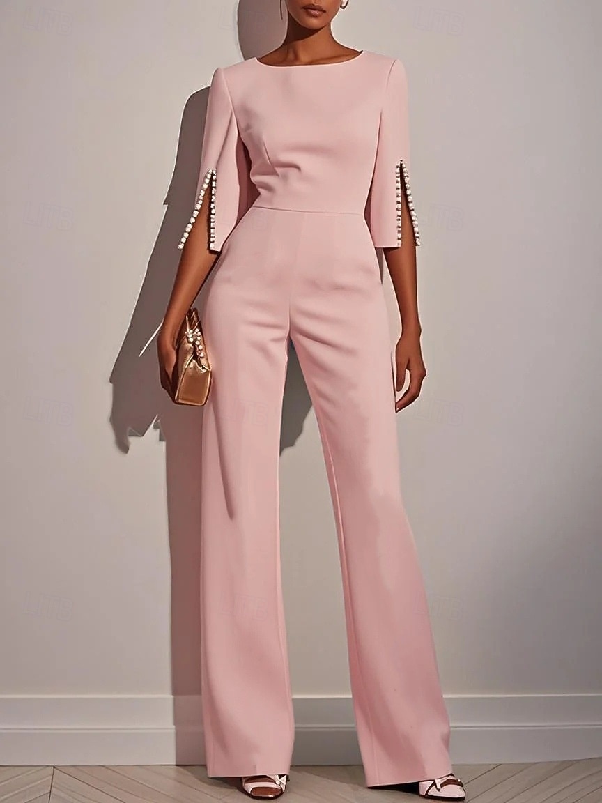 Mujer Normal Mono Elegante Color sólido Media Manga Perneras anchas Escote Redondo Alta cintura Oficina Trabajo Ajuste regular Negro Blanco Rosa Verano 2026 - $36.99 –P4