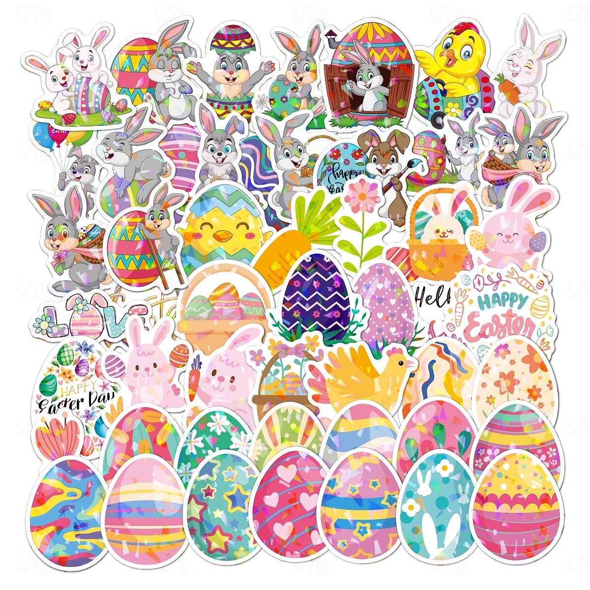 Easter Basket Stuffers 150 Piese (3 Seturi de 50) Autocolante de Paște Holografice Laser Rezistente la Apă pentru Decorațiuni de Cadouri de Sărbătoare Autocolante cu Ouă de Paște Transfrontaliere 2026 - $13.99 –P1