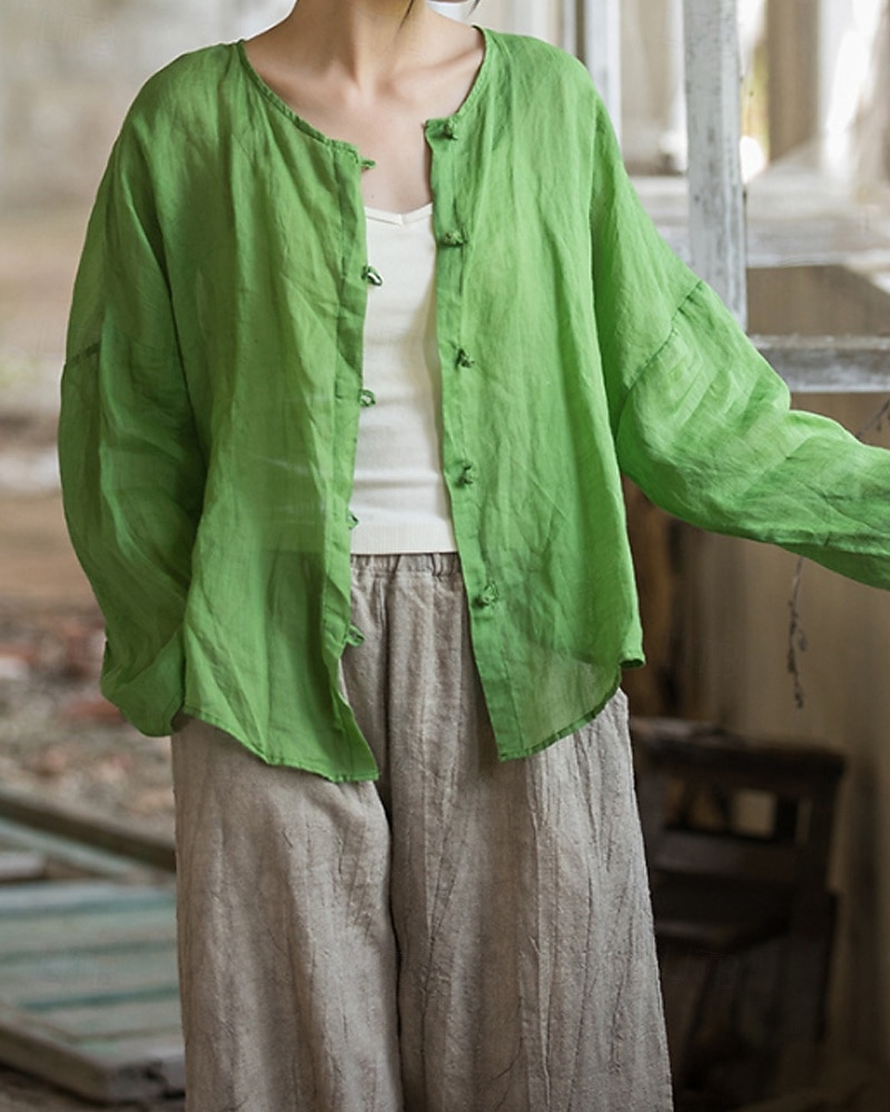 Camisa feminina 100% linho, blusa com botões, lisa, estilo vintage, manga longa, gola redonda, tops regulares para uso diário, férias, sair, nas cores preto, rosa, vermelho e verde, para verão e primavera. de 2026 por $45.99 –P16