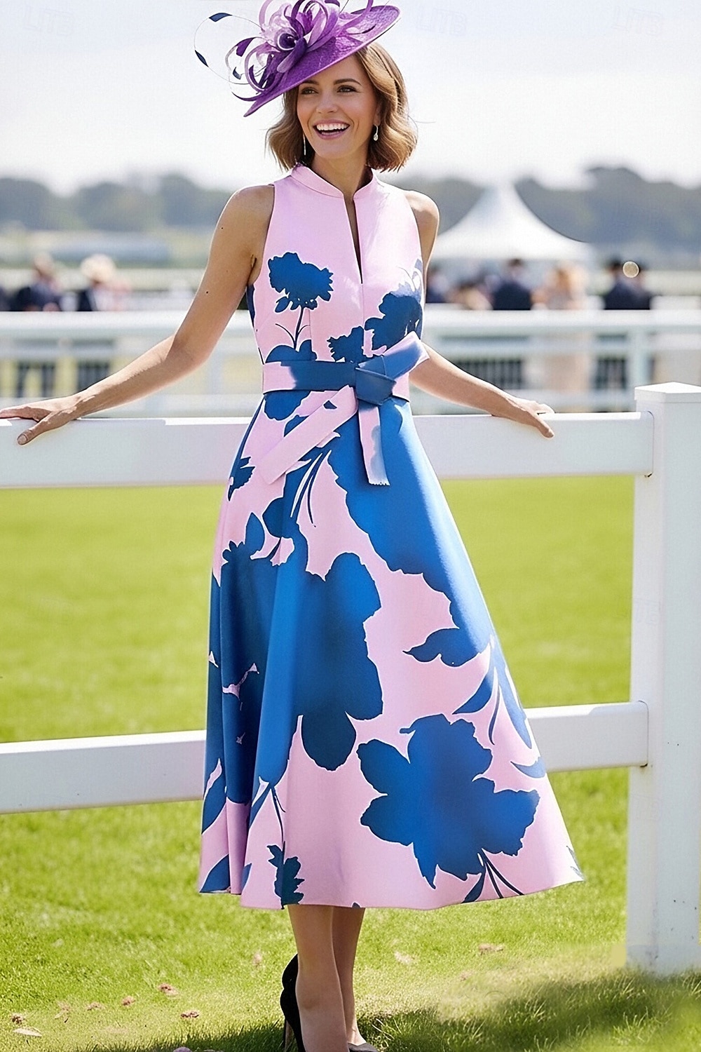 A-linje Ankellengde Te-lengde Derbykjole Kjole til brudens mor Ermeløs V-hals Høyhalset Elegant Årgang Kentucky Derby Sateng med Blomst Tryk 2026 - $183.99 –P1