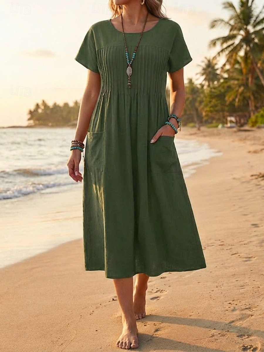 Damen-Midikleid aus 100 % Baumwolle, Etuikleid, T-Shirt-Kleid, modisch, modern, alltagstauglich, für Outdoor-Aktivitäten und Urlaub, lockere Passform, schlicht, kurze Ärmel, Rundhalsausschnitt, olivgrün, rot, marineblau, Sommer, Frühling 2026 - $33.99 –P3