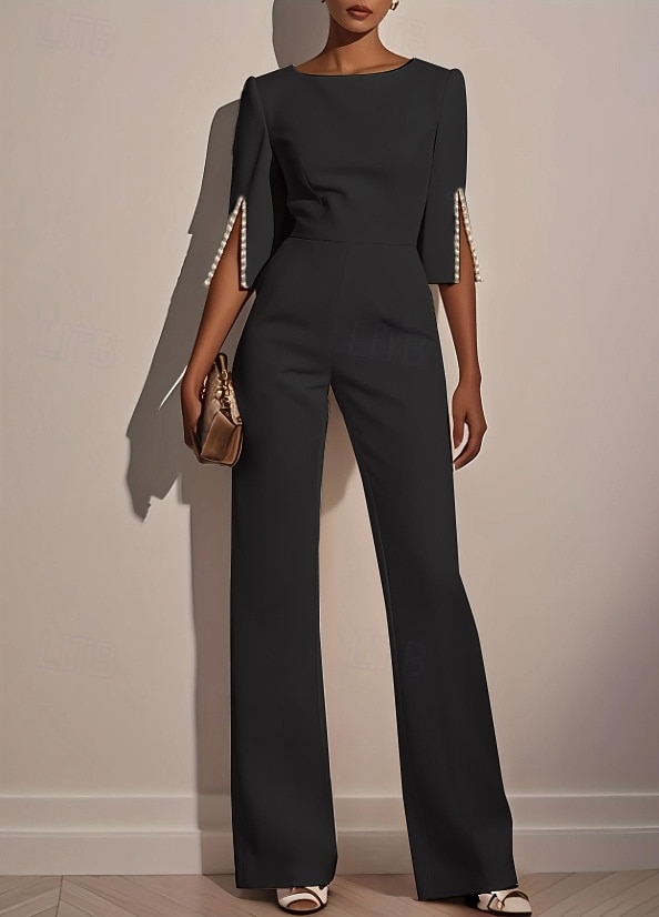 Mujer Normal Mono Elegante Color sólido Media Manga Perneras anchas Escote Redondo Alta cintura Oficina Trabajo Ajuste regular Negro Blanco Rosa Verano 2026 - $36.99 –P3
