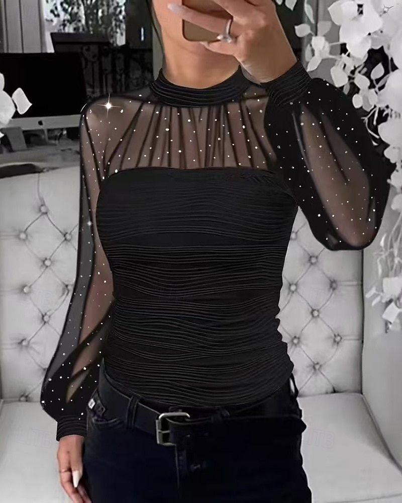 Γυναικεία Πουκάμισο Μπλούζα Κουρελού Δίχτυ Σκέτο Κομψό Στυλάτο Μακρυμάνικο Ζιβάγκο Κανονικά μπλουζάκια Καθημερινά Αργίες Εξόδου Μαύρο Λευκό Ανθισμένο Ροζ Καλοκαίρι Άνοιξη 2026 - $26.99 –P1