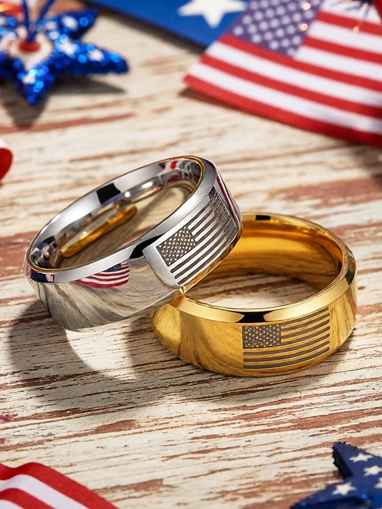 Inel pentru bărbați din oțel inoxidabil cu steagul american cu ocazia aniversării a 250 de ani a Statelor Unite bandă patriotică aurie și argintie stil minimalist clasic bijuterii de modă pentru 2026 - $7.99 –P2