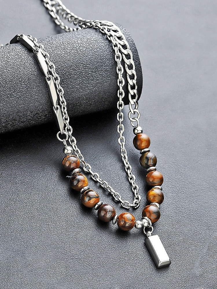 Мужское ожерелье из сплава и бусин тигрового глаза, двухслойная цепочка с подвеской, повседневный стиль бохо, прочное и стильное, идеально подходит для отдыха, курортной одежды и повседневной носки. 2026 - $11.99 –P5