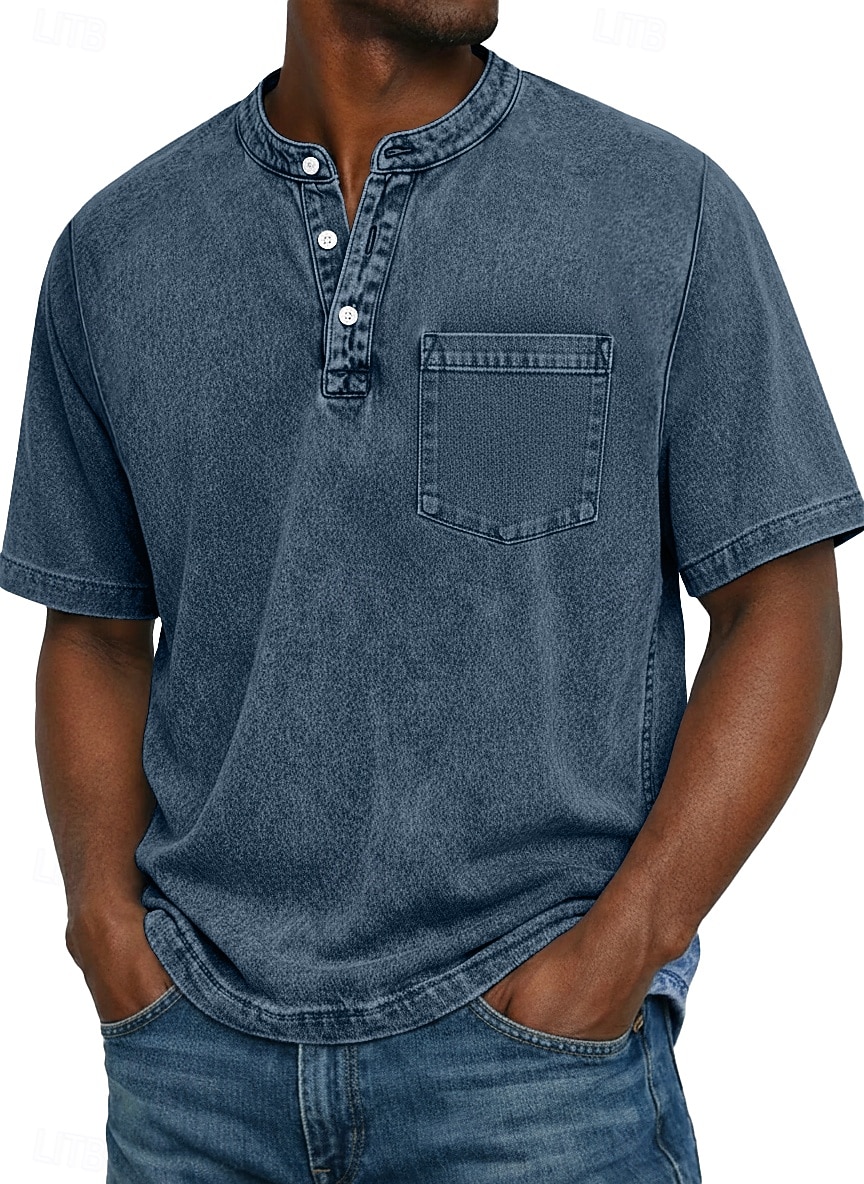 Herre Henly-skjorte 100% bomullssyre-vaskeskjorte T-skjorte T-skjorte Kortermet Ensfarget Retro / vintage Fritid Lomme Gammeldags stil Vasket Henley Avslappet Sommer Vår Høst Svart Rosa Lysegrønn 2026 - $31.99 –P11