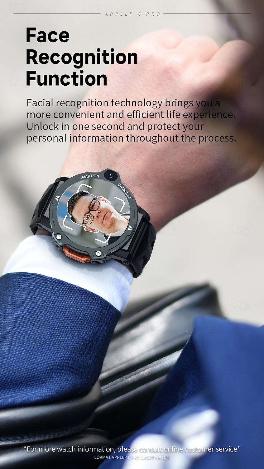 Relógio inteligente Lokmat Appllp 6 Pro de 1,54 polegadas com 4G LTE, pedômetro, lembrete de chamadas, monitor de sono, compatível com Android e iOS, unissex, GPS, chamadas em modo mãos-livres, controle de mídia, IPX-4, 51 mm. de 2026 por $149.99 –P4
