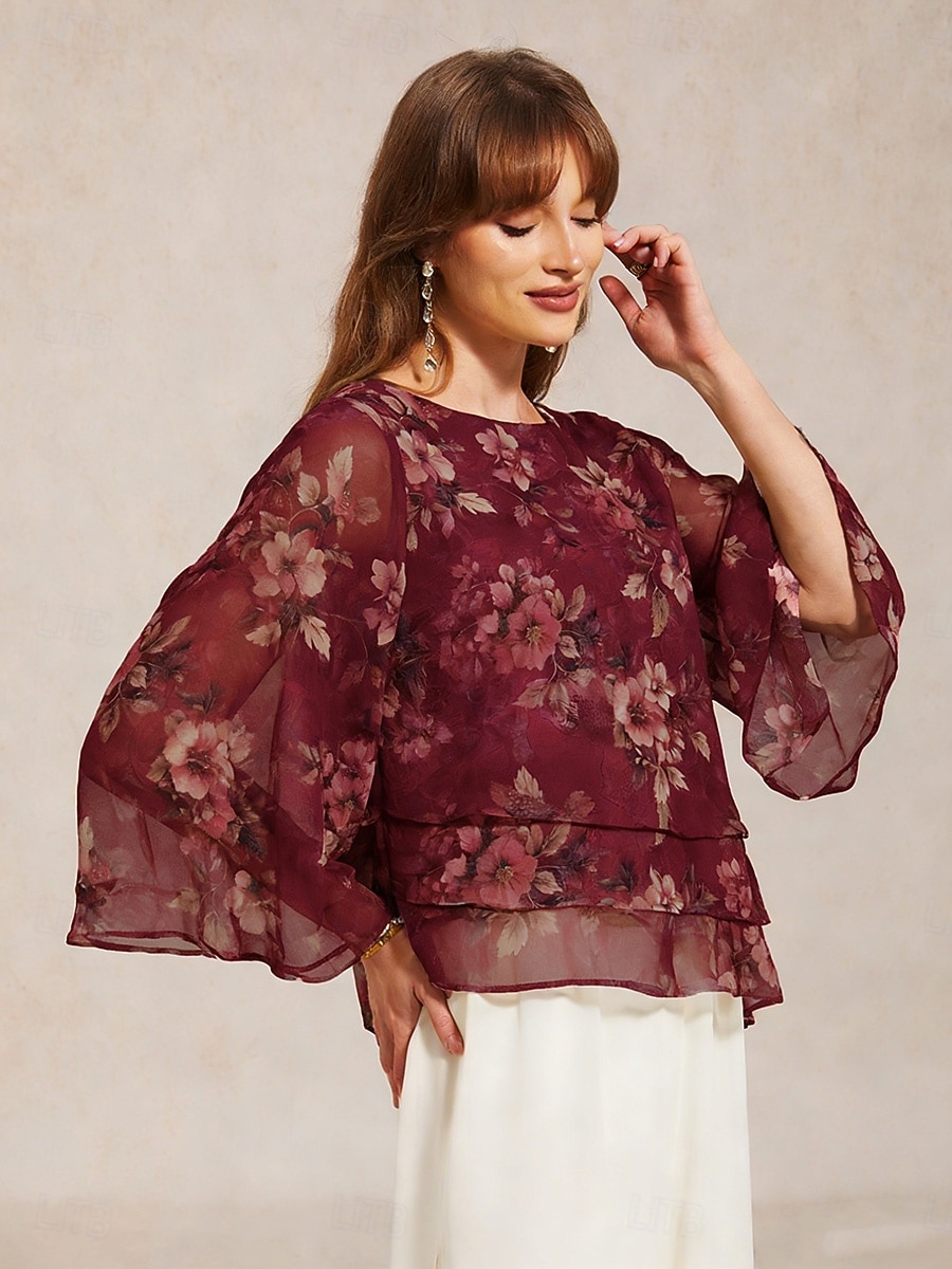 Femmes Chemisier Hauts en mousseline de soie À lacets Fleuri Élégant Manche 3/4 Manche cloche Col ras du cou Hauts Réguliers Quotidien robe demoiselle d honneur Fête Vin Été Printemps Automne de 2026 ? $59.99 –P1