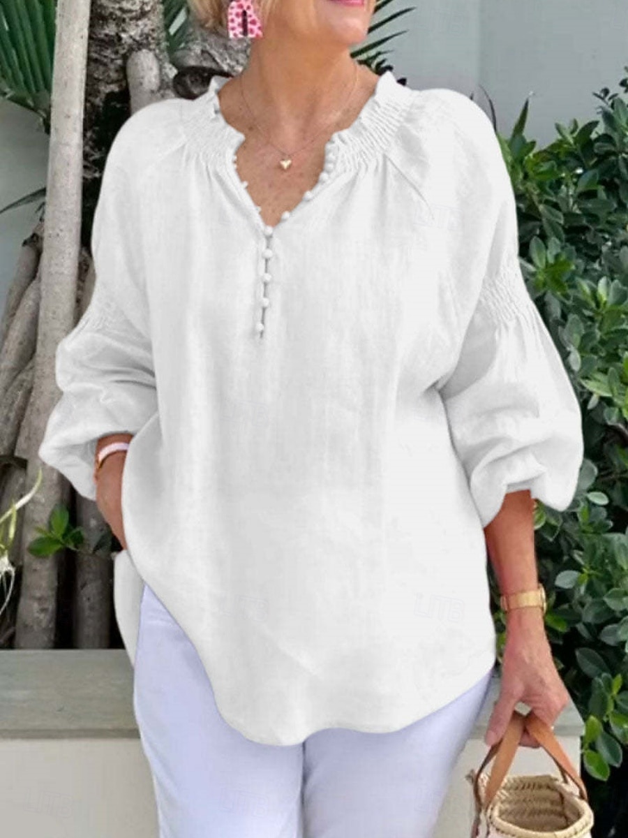 Blusa de Linho Feminina Como Algodão Falso Botões Cor Sólida Casual de Mangas Longas Decote V Tops Longos Diários Azul Preto Branco Rosa Primavera Outono de 2026 por $28.99 –P2