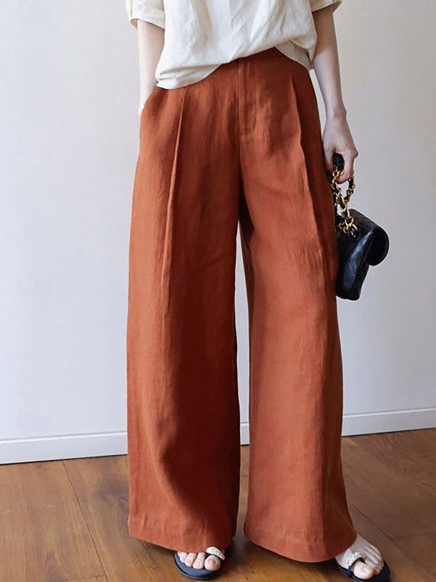 Femmes Pantalon effet lin Jambe large Chinos Pantalon d'été Vacances Streetwear Occasionnel Longueur complète Taille moyenne Uni Avec Poches Confortable Confort Micro-Élastique Quotidien Extérieur de 2026 ? $32.99 –P3