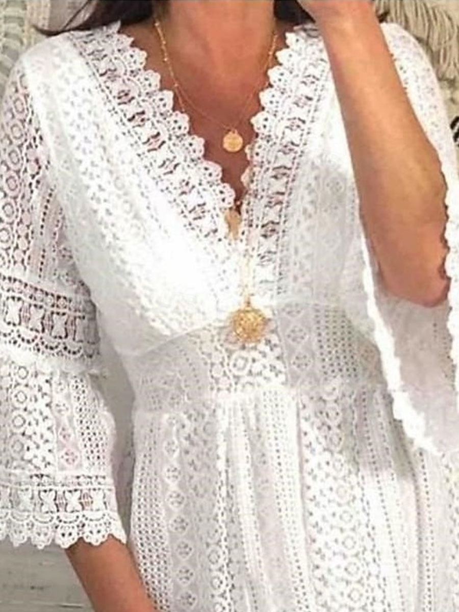 Mujer Vestido hasta la Rodilla Vestido blanco Vestido de encaje Elegante Vintage Moda Manga de la llamarada Diario Exterior Playa Ajuste regular Plano Manga 3/4 Escote en Pico Blanco Albaricoque 2026 - $42.99 –P2