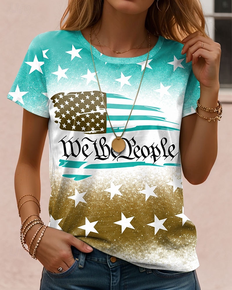 Onafhankelijkheidsdag Patriottische Dames T-shirt Grafische Vlag Letter Vintage Mode Stijlvol Korte Mouw Crew Neck Reguliere Tops Dagelijks Weekend Print Rood Paars Groen Khaki Zomer Lente Herfst 2026 - $22.99 –P2
