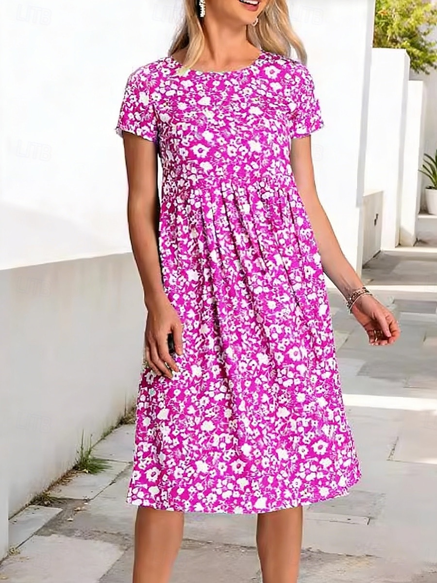 Per donna Abito Midi Abito Floreale Abito Stampato Moda Moderno All'aperto Vacanza Weekend Vestibilità comoda Floreale Manica Corta Girocollo Blu Rosso Viola Verde Estate Primavera del 2026 a $22.99 –P2