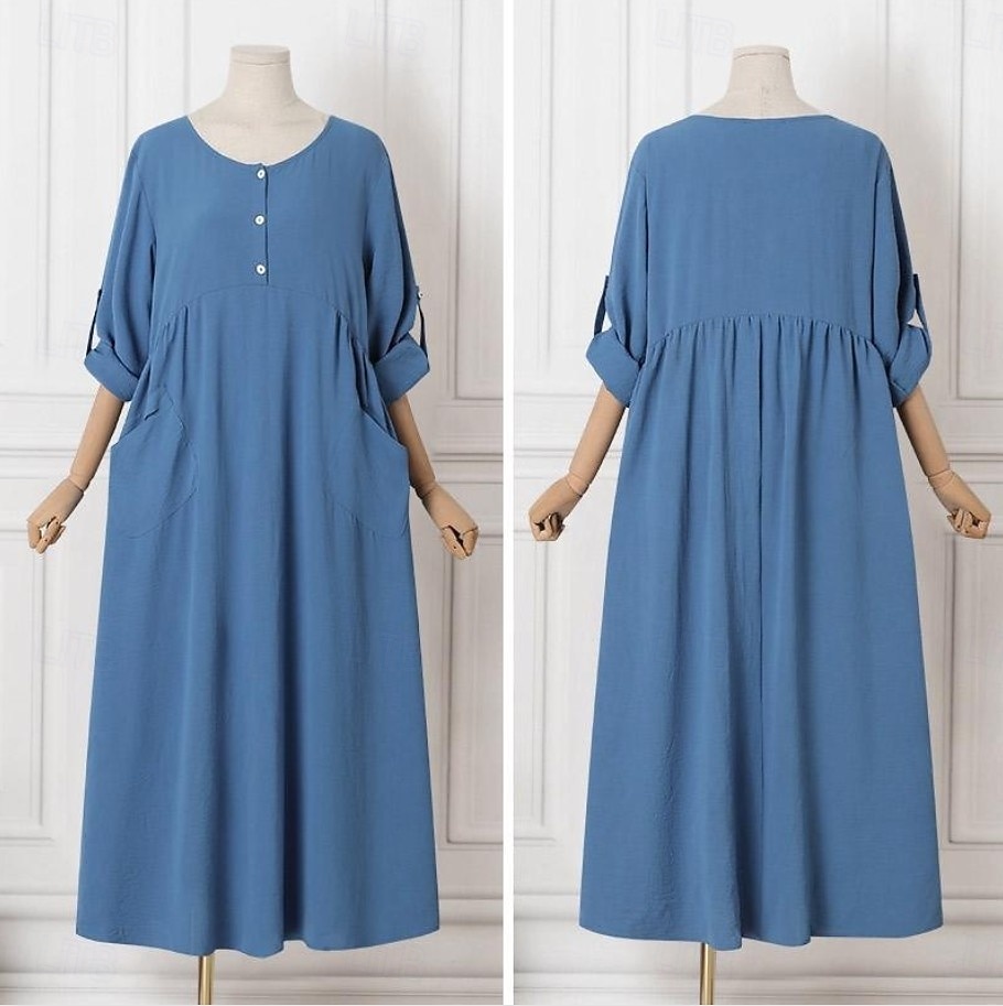 Women's Maxi Dress Linen-feel Dresses Shift Dress Summer Dress Casual Daily Loose Fit Plain Long Sleeve V Neck Blue Black Dark Red Summer Spring Fall 2026 - $33.99 –P2