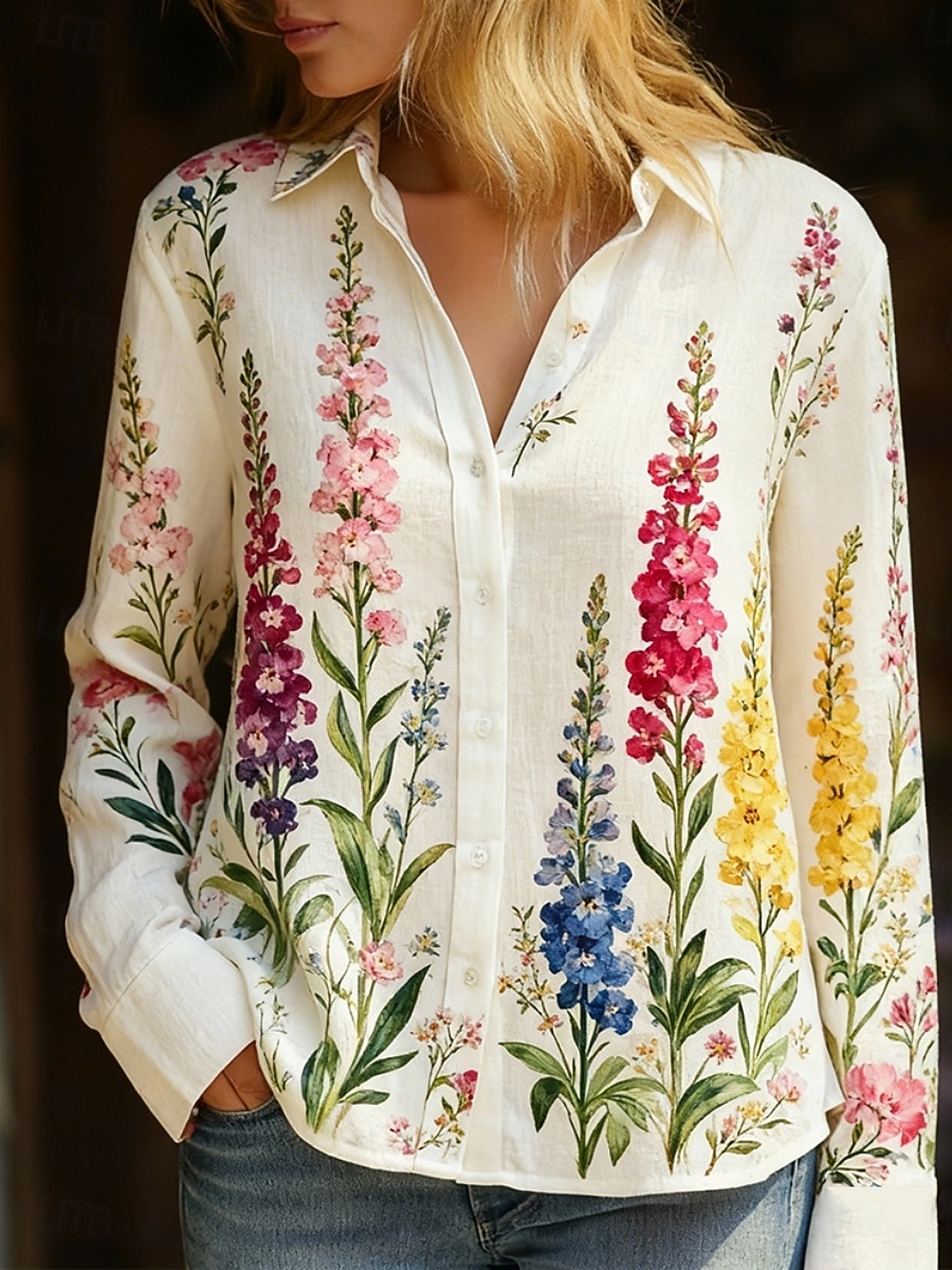 Dámské Košile Boho košile Imitace bavlny a lnu Knoflíky Tisk Květinový Elegantní Vinobraní Na běžné nošení Dlouhý rukáv Košilový límec Běžné topy Denní Dovolená Žlutá Světlá růžová Béžová Léto Jaro 2026 - $32.99 –P1