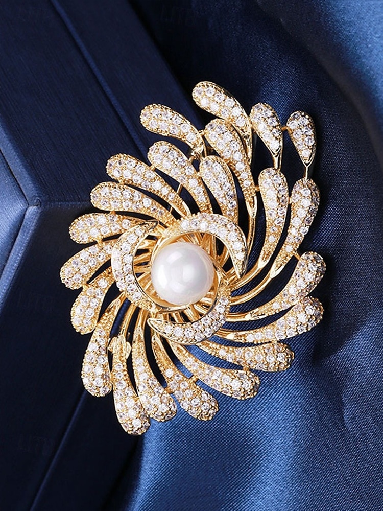 Spilla da donna in lega con perle finte, colori oro e argento, elegante design a spirale con fuochi d'artificio, perfetta per matrimoni e cene formali del 2026 a $11.99 –P6