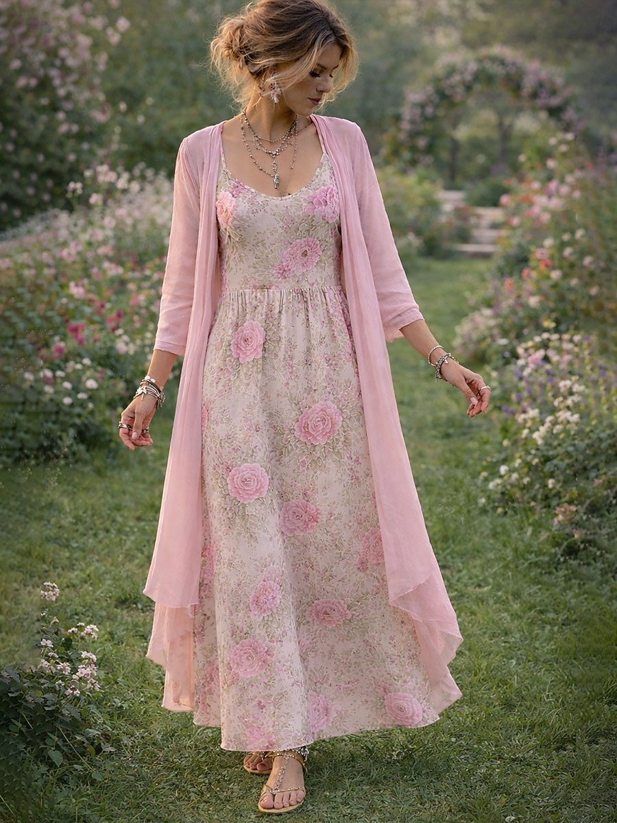 Mujer Conjunto de vestido Vestido de una línea Vacaciones Boho Floral Graphic Multi capa Estampado Vestido maxi Manga Larga Escote en Pico Diario Vacaciones Amarillo Rosa Verde Trébol Verano Primavera 2026 - $51.99 –P1