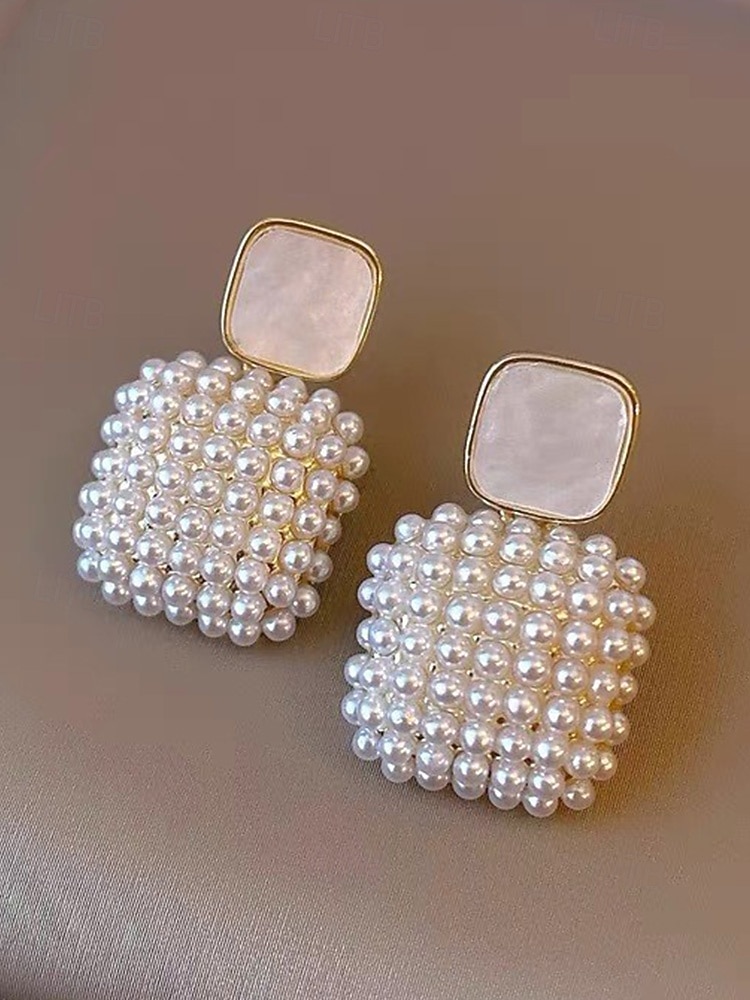 Women's Faux Pearl Square Drop Earrings, Elegant Geometric Statement Jewelry for Weddings, Evening Dinner Parties, and Formal Events, Classic Bridal Accessory Gift 2026 - $7.99 –P5
