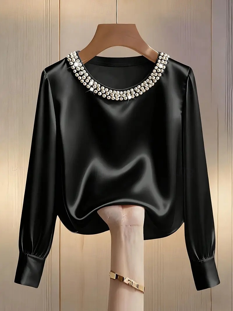 Mulheres Blusa Com Miçangas Côr Sólida Elegante à moda Manga Longa Gola Redonda Tops regulares Diário Trabalho Preto Branco Verde Damasco Primavera Outono de 2026 por $27.99 –P6