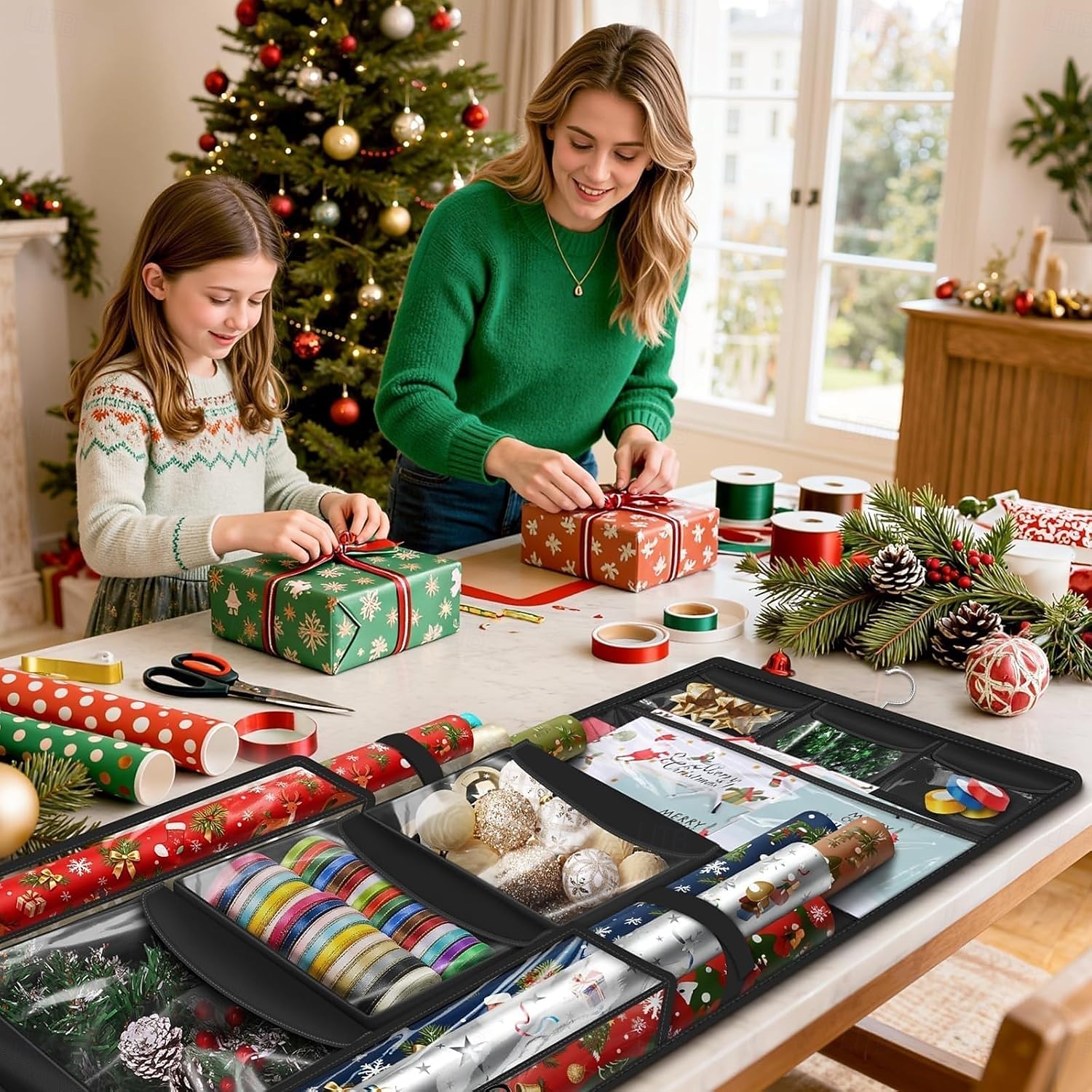 Hängender Geschenkpapier-Organizer, doppelseitiger Geschenkverpackungs-Organizer, Aufbewahrungsbehälter für Weihnachtsdekoration mit drehbarem Haken, großes Fassungsvermögen für Festtagsdeko, Bänder 2026 - $32.99 –P5