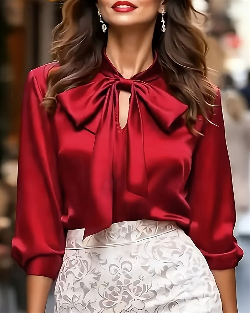 Per donna Elegant Top in raso Blusa Top Eleganti Arricciato Nodo frontale Patchwork Semplice Elegante Signore Essenziale Manica Lunga Cravatta al collo Top Regolari Quotidiano Lavoro Ferie Rosso del 2026 a $31.99 –P3