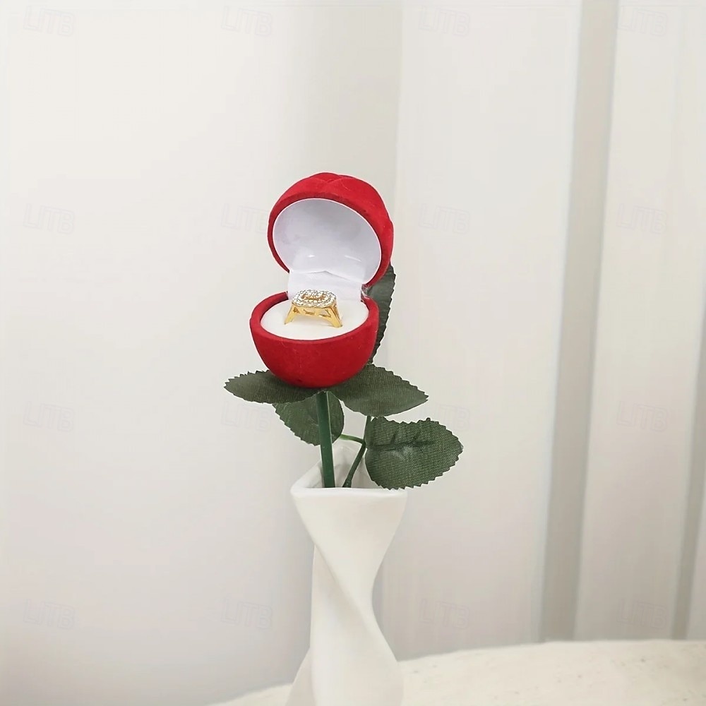 1PC Flocked Rose Ring Box Long Root Rose Creative Red Rose Flower Ring Display Box Proposal Engagement Anniversary Romantic Gift Box Wedding Jewelry Display Storage 2026 - $9.99 –P15