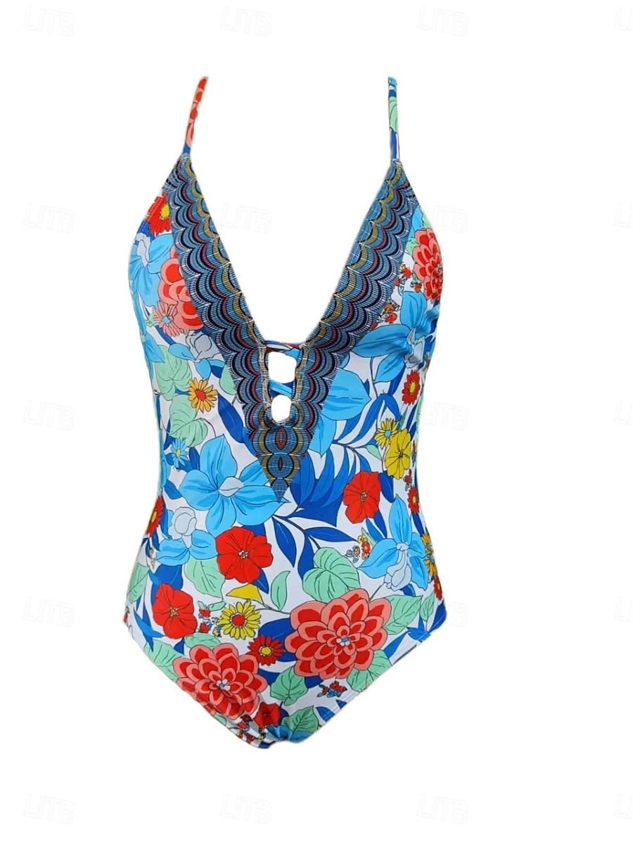 Mujer Bañadores Una pieza Monokini Traje de baño Control de barriga Alta cintura Delgado Espalda al Aire Vacaciones Ropa de playa Floral Escote en Pico Sin Mangas Trajes de baño 2026 - $25.99 –P14