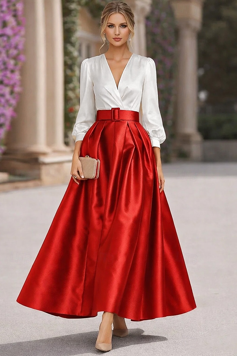 A-linja Kokopitkä Nilkkapituinen Cocktailmekot Tyylikäs Pitkähihainen V kaula-aukko Puutarhajuhlat Häät Satiini Tafti kanssa Laskokset Rypytetty 2026 - $163.99 –P4