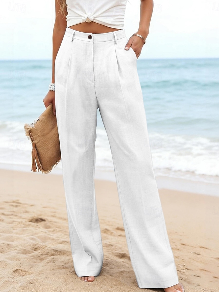 Damen Kunstbaumwollleinen Weites Bein Freizeithose Sommerhose Urlaub Streetwear Basic Volle Länge Mittlere Taillenlinie Einfach Tasche Atmungsaktivität Bequem Unelastisch Täglich Outdoor Urlaub Blau 2026 - $23.99 –P23