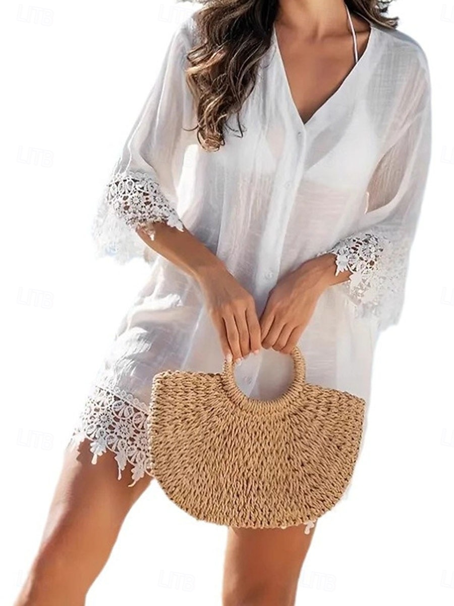 Mujer Mini vestido Vestido blanco vestido de playa Tapadera Elegante Moda Clásico Diario Exterior Playa Holgado Plano Manga 3/4 Escote en Pico Blanco Verano Primavera 2026 - $26.99 –P4