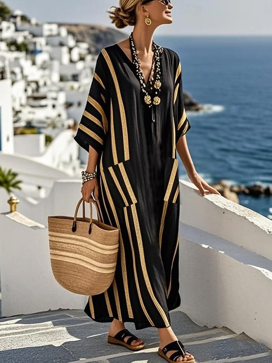 Damen Maxikleid Leinenähnlich Atmungsaktiv Leicht Strandkleid A-Linie Kleid Urlaub Lässig Boho Strand Ausgehen Lockerer Sitz Grafik Geometrisch Langarm V-Ausschnitt Blau Schwarz Weiß Sommer Frühling 2026 - $49.99 –P1