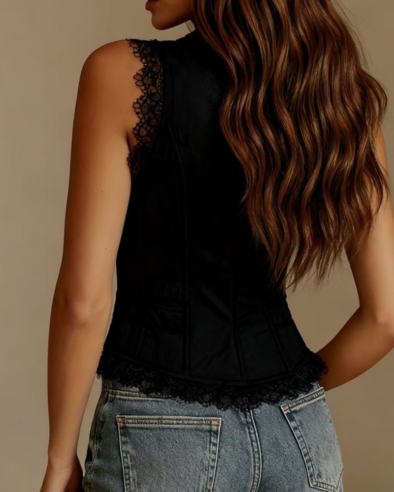 Mujer Blusa Tops de encaje Encaje Plano Elegante Sensual Moderno Sin Mangas Escote en Pico Tops regulares Diario Festivos Noche Negro Blanco Verano Primavera 2026 - $46.99 –P5