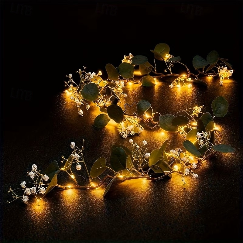 Artificial Eucalyptus Leaf Wreath String Lights Green Leaves Simulated Hanging Plant 1.7m 20LEDs for Weddings Valentine's Day Bedroom Balcony, Garden Dining Table Holiday Decoration 2026 - $16.49 –P6