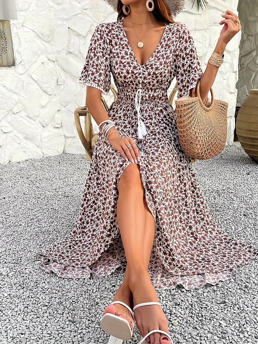 Women's Long Dress Maxi Dress A Line Dress Floral Dress Elegant Fashion Modern Daily Outdoor Vacation Regular Fit Floral Short Sleeve V Neck Blue Black Brown Summer Spring 2026 - $34.99 –P13