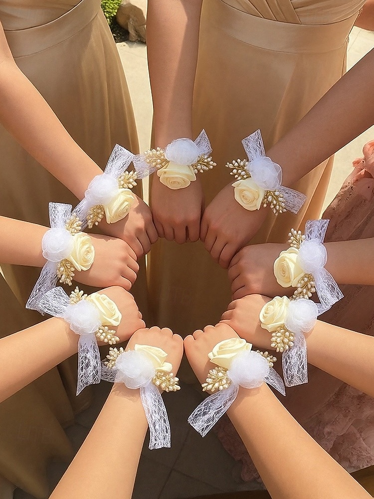 Conjunto de corsage feminino em poliéster para casamento, com flor de pulso para dama de honra em tons de champanhe e branco e boutonnière para padrinho, estilo elegante e romântico para cerimônias de casamento, noivado e eventos formais. de 2026 por $9.99 –P5