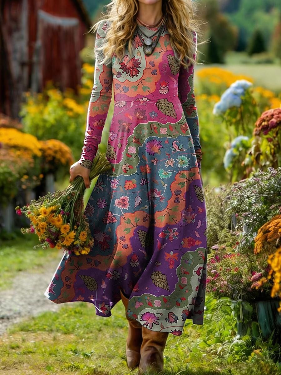 Rochie Midi pentru Femei Boho Rochie în Formă de A Fit și Flare Rochie Vacanță Casual Zilnic Ajustare Regulat Grafic Geometric Mâneci Lungi Gât Rotund Albastru Roz Violet Portocaliu Vară Primăvară 2026 - $37.99 –P4