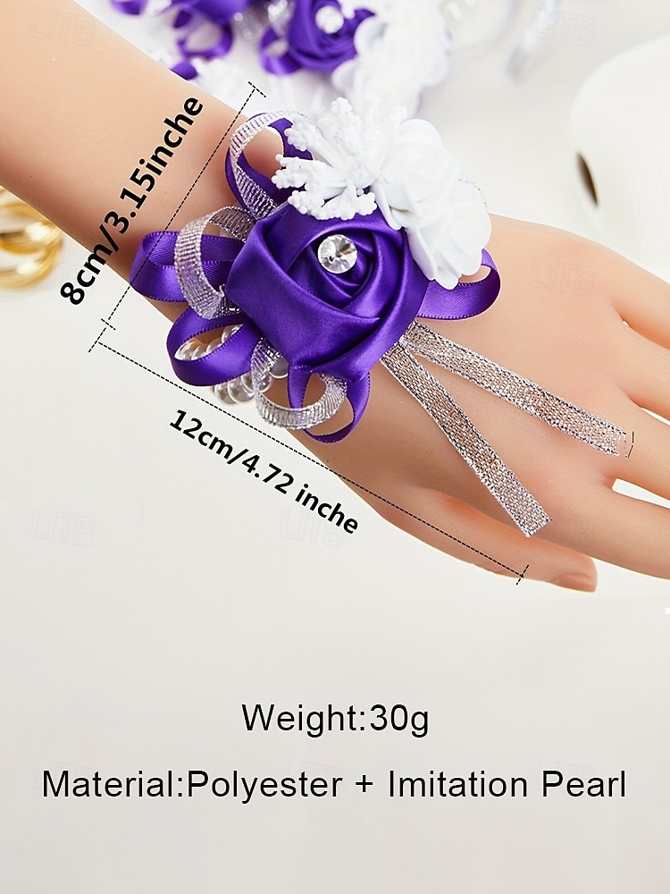 Damespolscorsage met roos, gemaakt van polyester lint met een elastische armband van imitatieparels, verkrijgbaar in verschillende kleuren. Een elegant accessoire voor bruidsmeisjes en bruiden voor bruiloften, gala's en andere formele gelegenheden. 2026 - $9.99 –P8