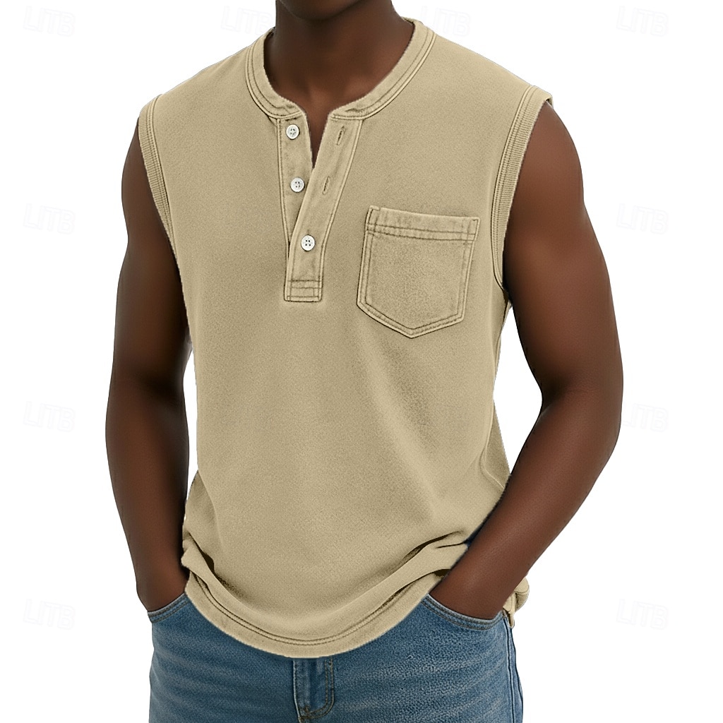 Débardeur pour homme SoftFade™ sans manches chemise sans manches Henley été printemps uni basique poche style vintage teinture en pièce vacances street décontracté quotidien noir haut Tee pour hommes de 2026 ? $23.99 –P4