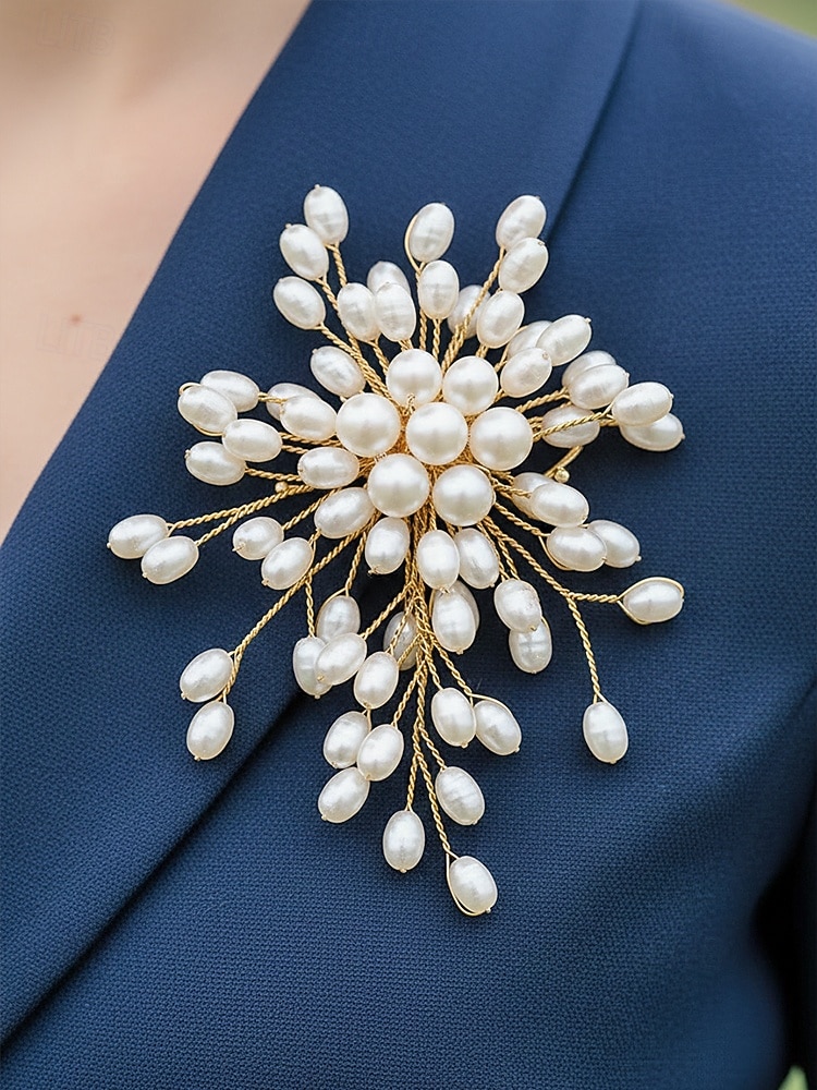 Damesbroche van imitatieparels, elegant bloemmotief met goudkleurige accenten, perfect voor bruiloften, feesten en formele gelegenheden, bruidsaccessoires en avondkleding. 2026 - $11.99 –P3