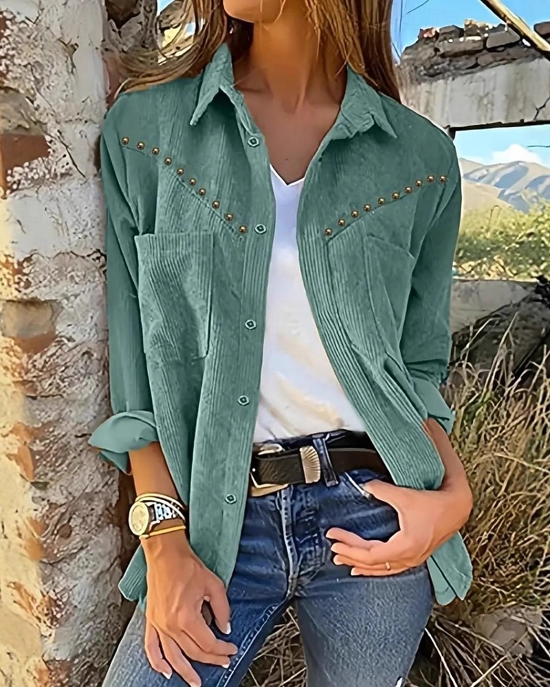 Per donna Camicia Camicia button-down Camicia casual Tasca Bottoni Semplice Vintage Elegante Classico Manica Lunga Colletto a Camicia Top Regolari Quotidiano Ferie Uscire Marrone Verde Estate del 2026 a $42.99 –P3