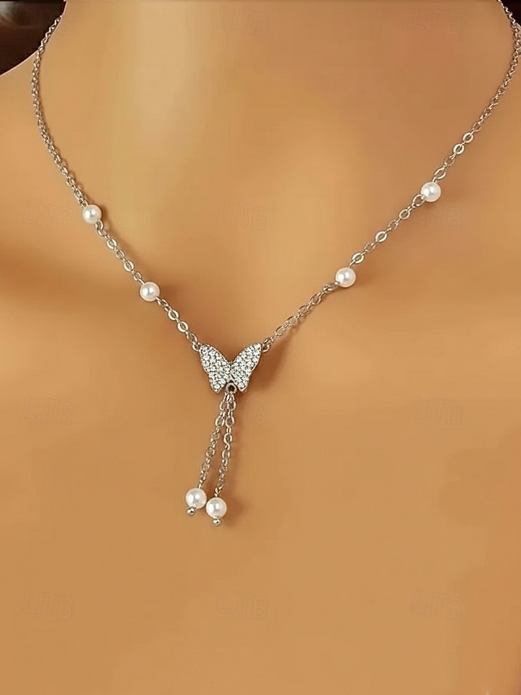 Női ötvözet műgyöngyös pillangós nyaklánc, finom Y-láncos kialakítás, arany és ezüst árnyalatok, elegáns minimalista stílus, tökéletes mindennapi viseletre, hétköznapi öltözékekhez és rétegezéshez 2026 - $5.99 –P3