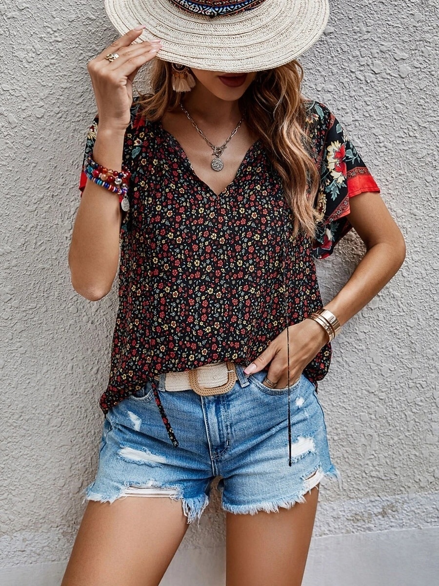 Damen Bluse Druck Blumen Bohemien Vintage Lässig Kurzarm V Ausschnitt Normale Oberteile Täglich Ferien Ausgehen Blau Rote Braun Aprikose Sommer Frühling 2026 - $27.99 –P13