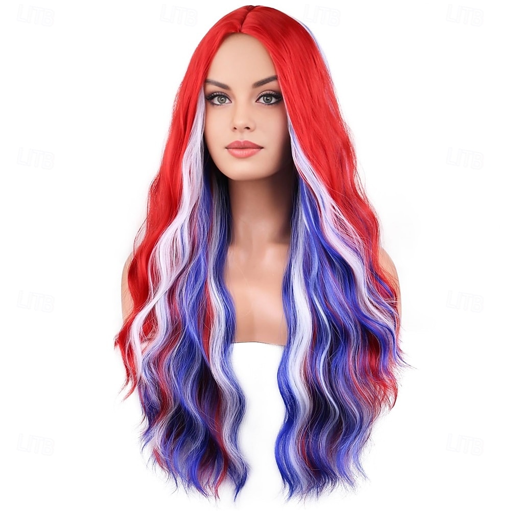 Parrucca per il 4 Luglio per Donne Lunga Riccia Rosso Bianco e Blu Costumi per la Festa dell'Indipendenza Cosplay del 2026 a $28.99 –P1